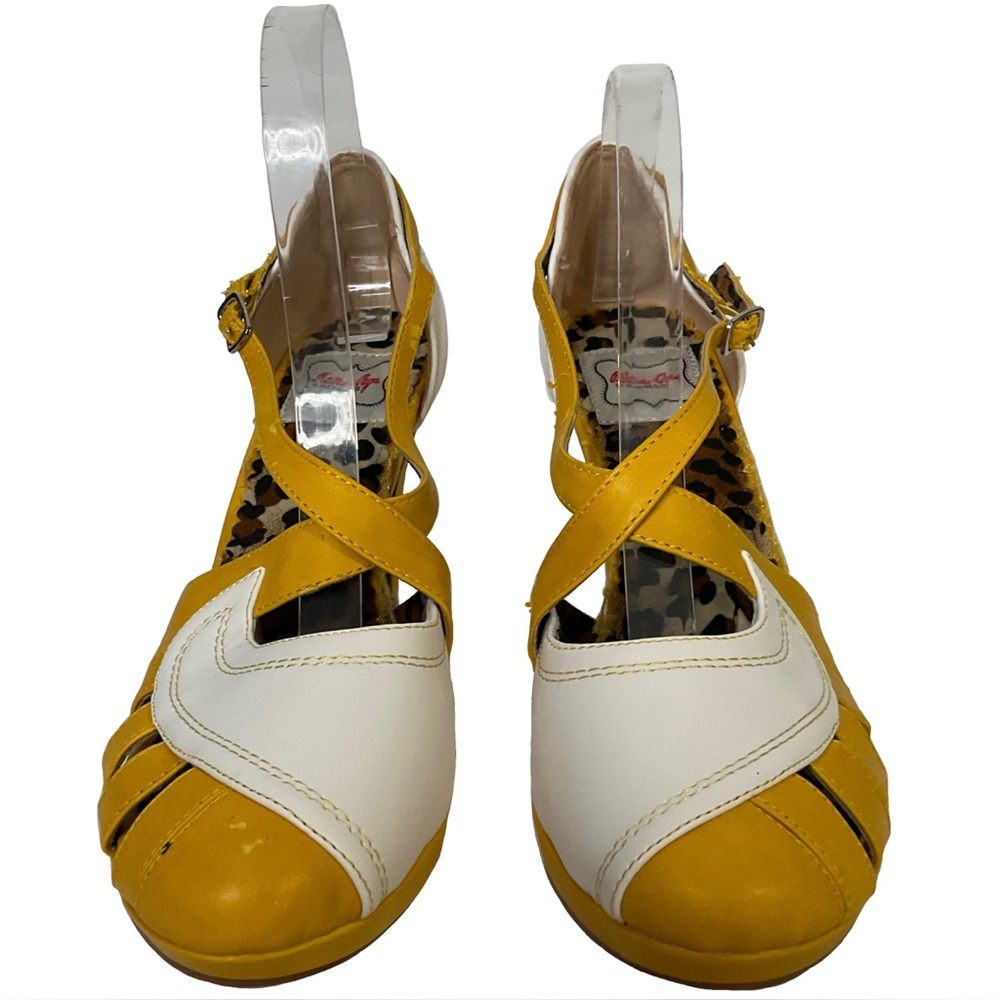 Ellie BP401 Angie Retro Vintage 4” Slingback Yellow & White Strappy Heels Sz 10